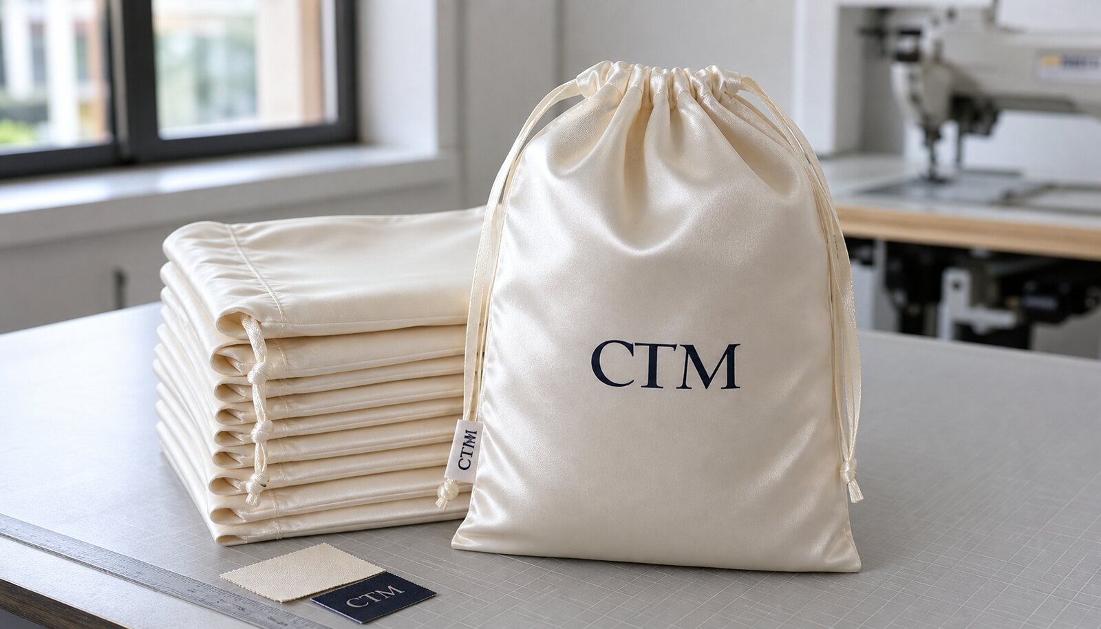 Satin drawstring bags with a CTM logo printed on the front in a factory sample room