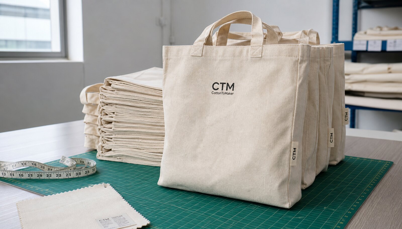 Natural canvas tote bags for a school program with a small CTM CottonToMaker logo printed on the front in a factory sample room