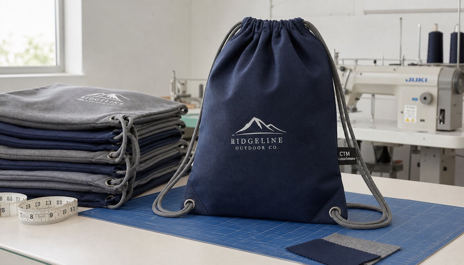 Photorealistic school drawstring backpack with CTM/CottonToMaker label in a factory sample room