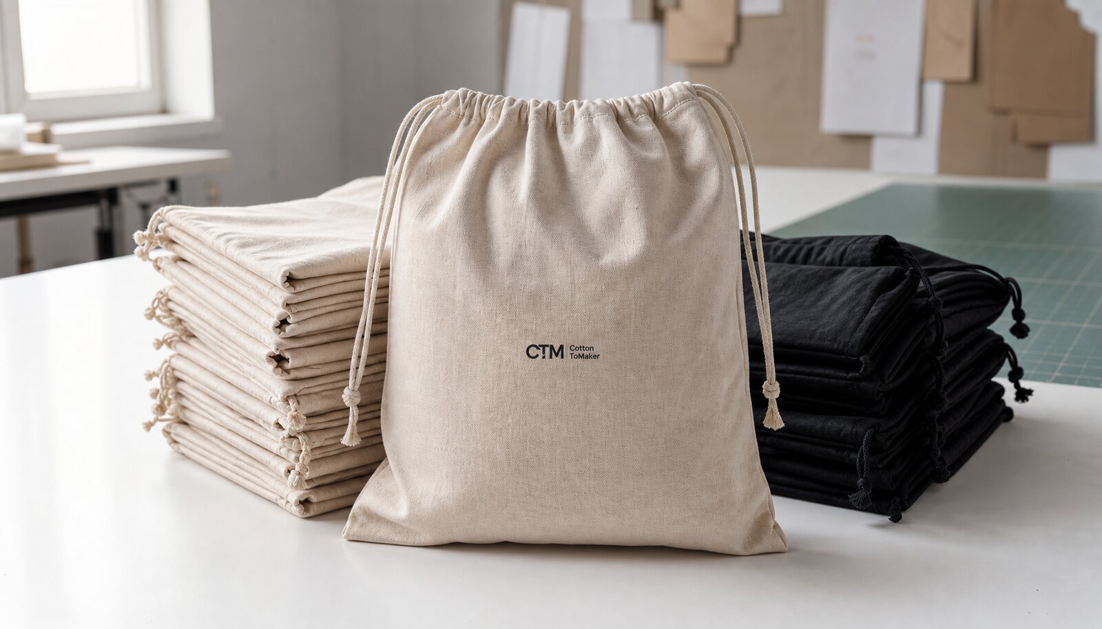 Factory sample room photo of screen printed cotton drawstring bags with a small CTM logo printed directly on the bag