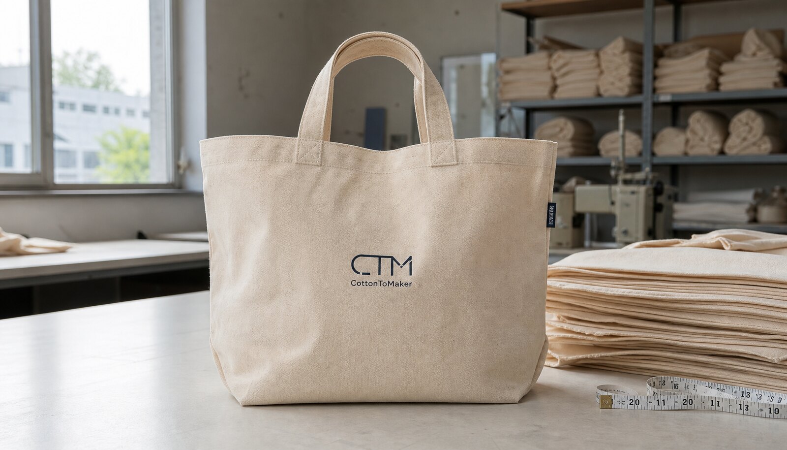 A screen printed canvas tote bag with a simple CTM sample logo in a factory sample room