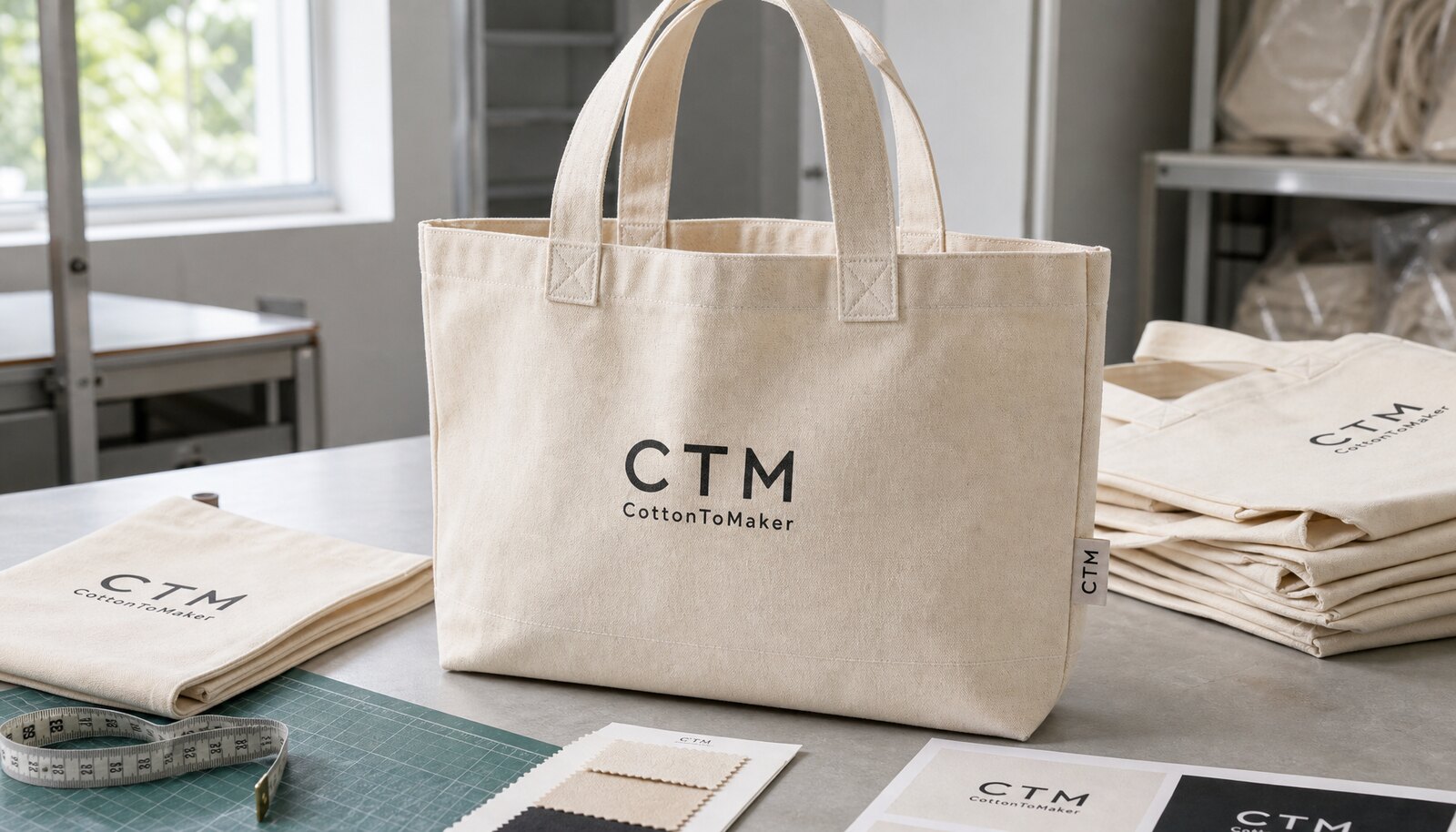 Natural canvas tote bag with CTM sample logo screen printed in a factory sample room