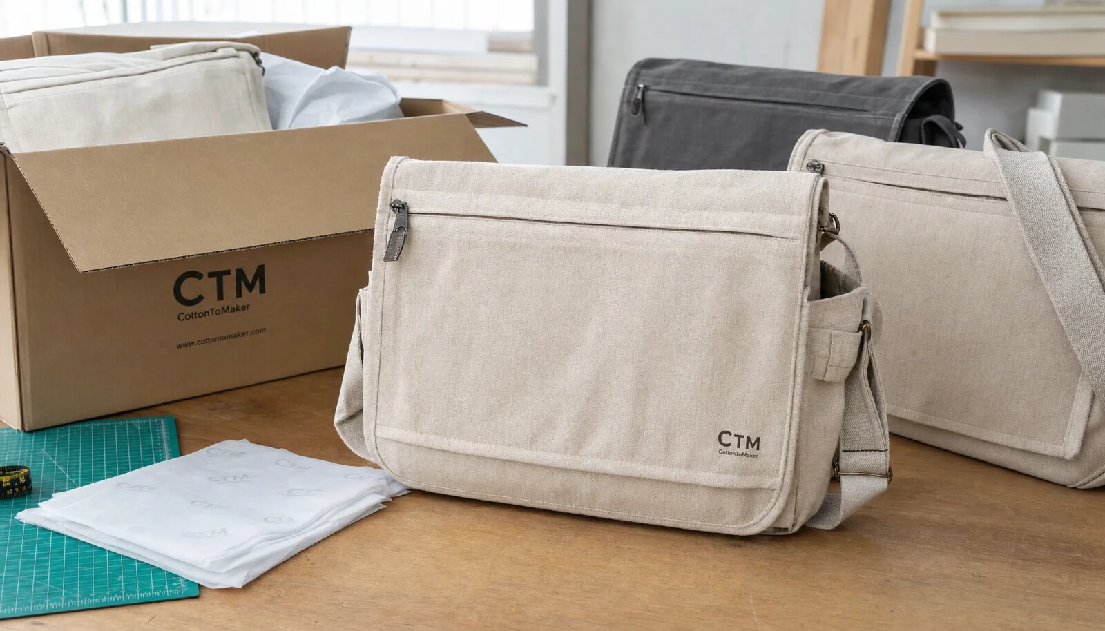 Custom canvas messenger bags with a simple CTM/CottonToMaker logo shown in a factory sample room beside packing materials and a shipping carton.