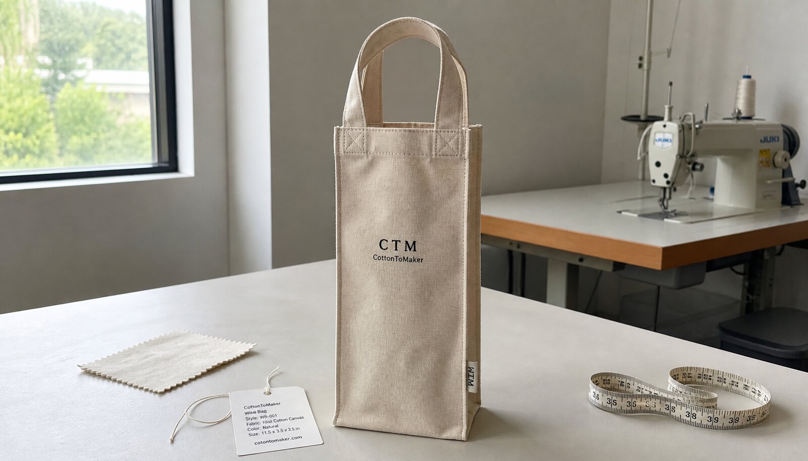 Single bottle wine bag for hotels with a simple CTM logo printed on natural cotton canvas in a factory sample room