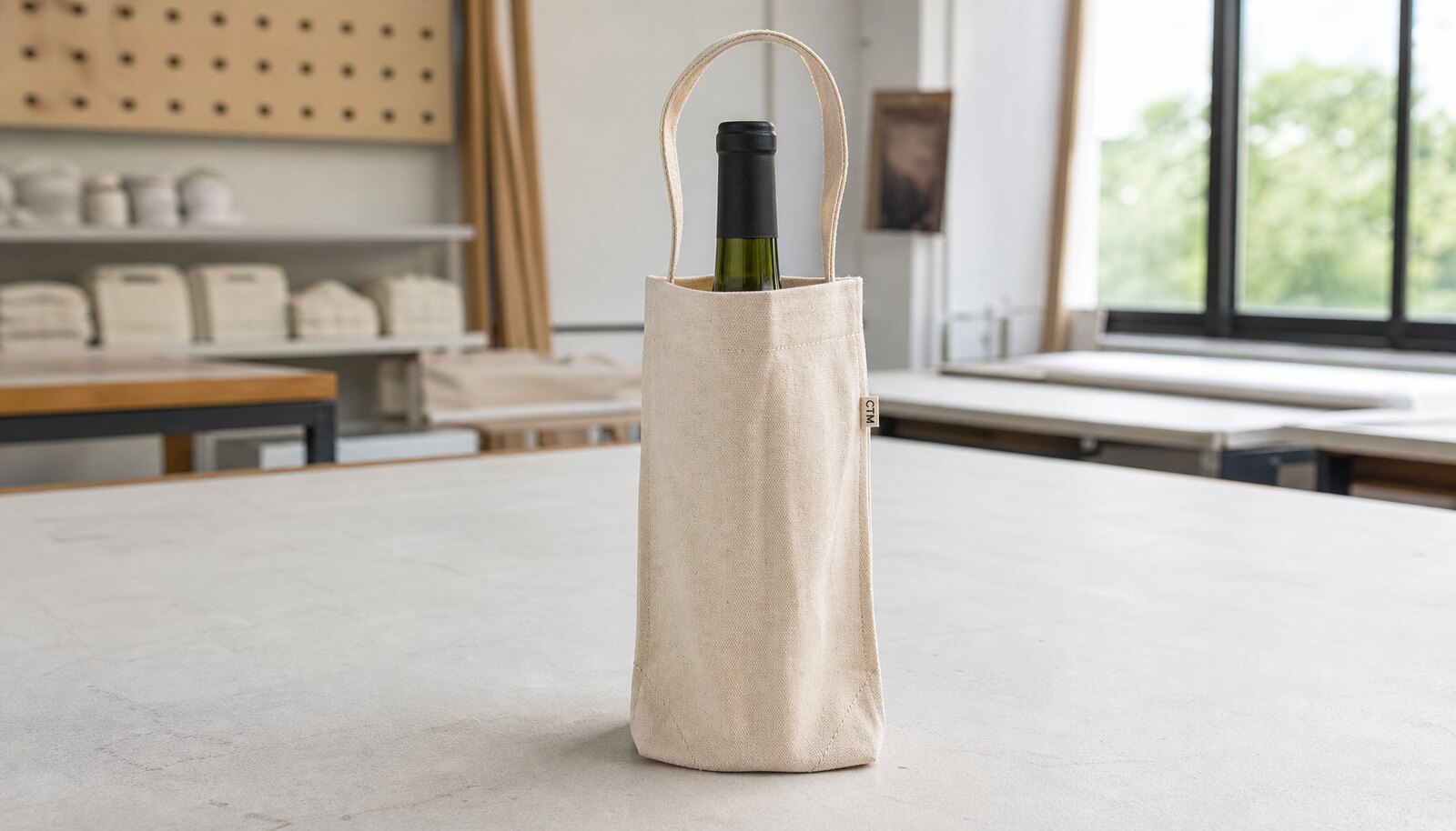 Photorealistic cotton single bottle wine bag with a small CTM side label in a factory sample room