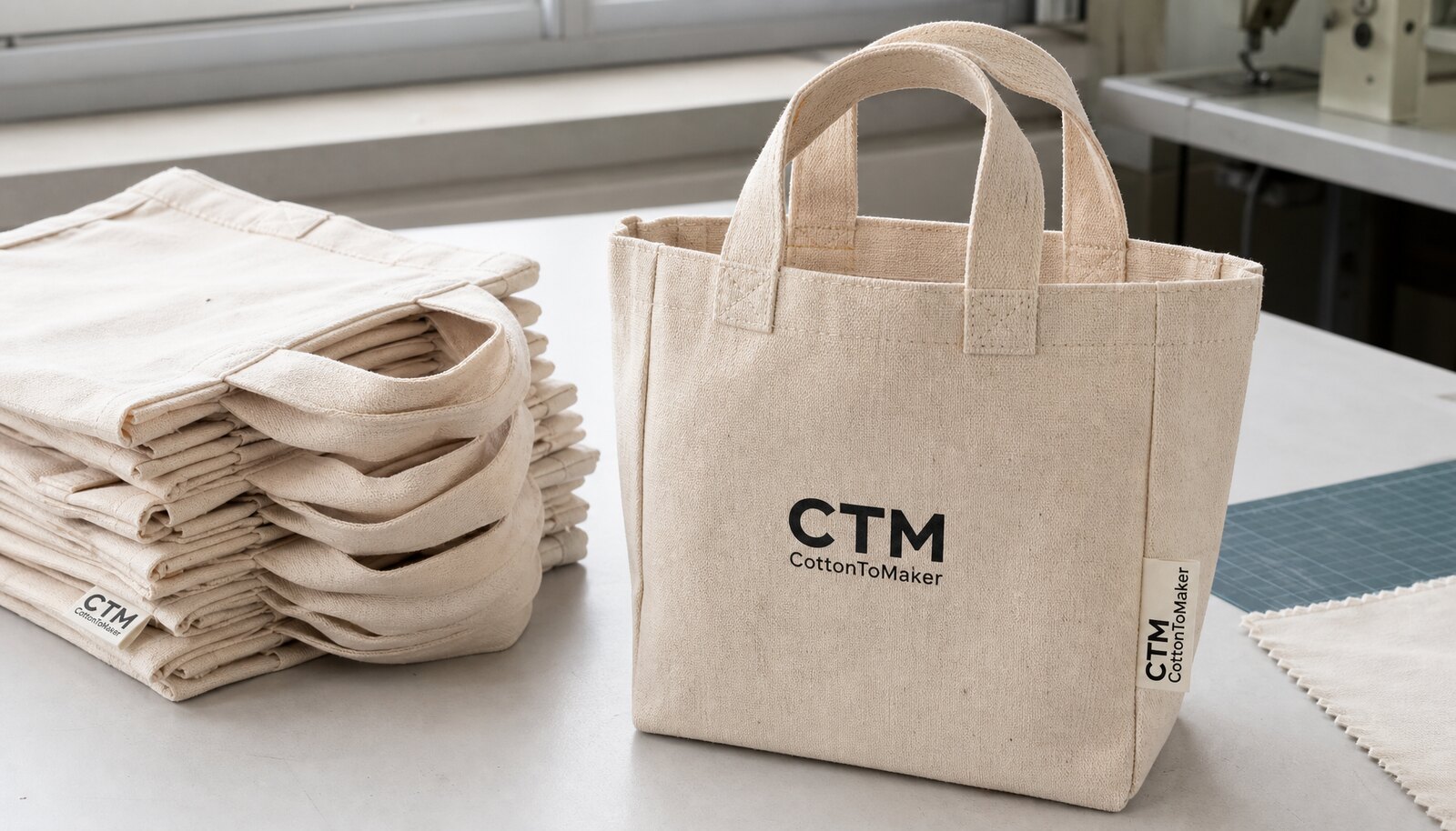 Small natural canvas tote bag with a simple CTM/CottonToMaker logo printed on the front in a clean factory sample room