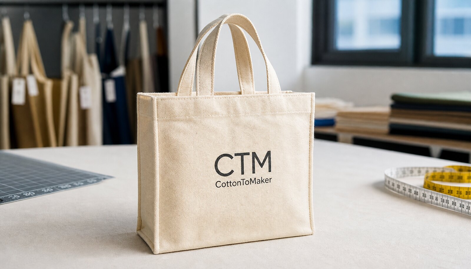 Small natural canvas tote bag with a simple CTM sample logo, shown in a clean factory sample room