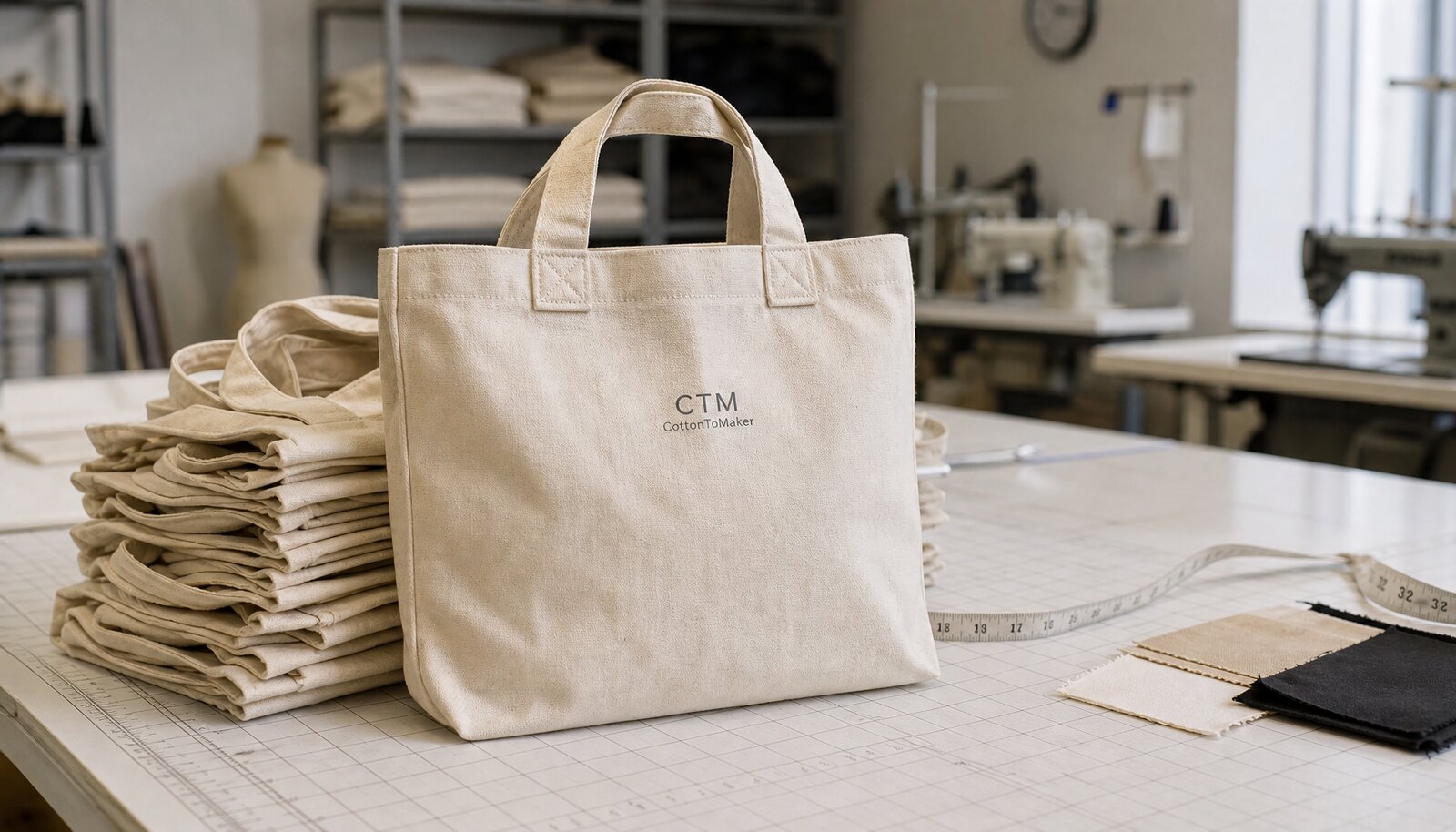 Small canvas tote bags with a simple CTM CottonToMaker sample logo printed on a clean factory sample room worktable