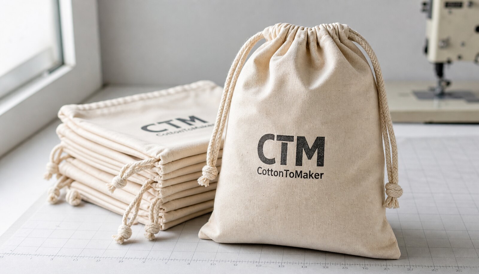 Small cotton drawstring bags with a printed CTM logo in a factory sample room