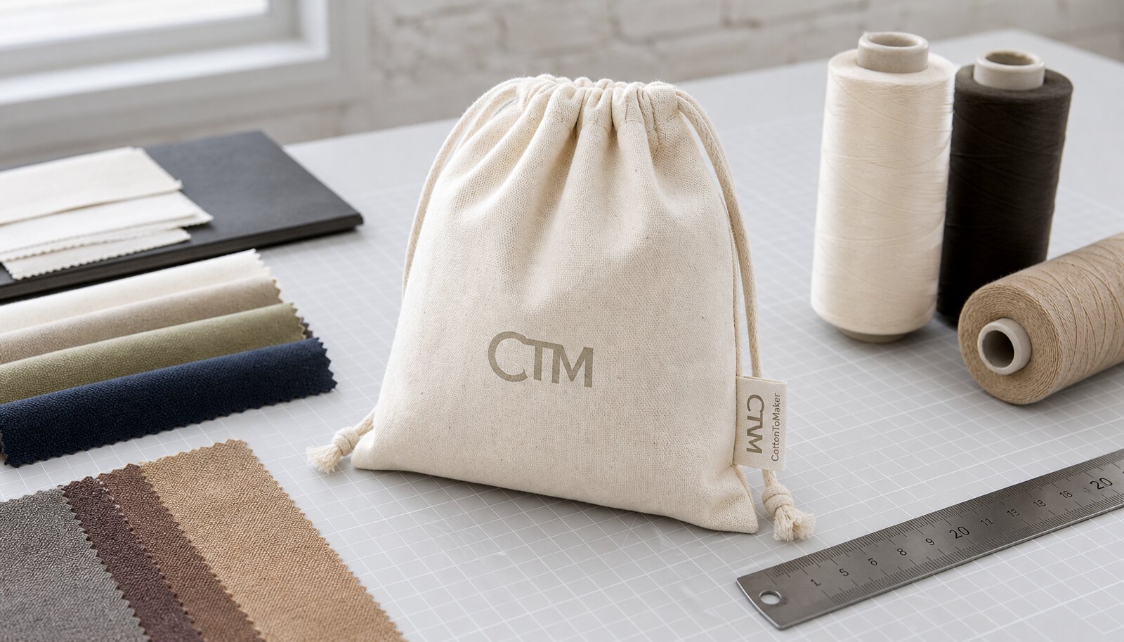 Small cotton drawstring pouch with a simple CTM logo in a factory sample room