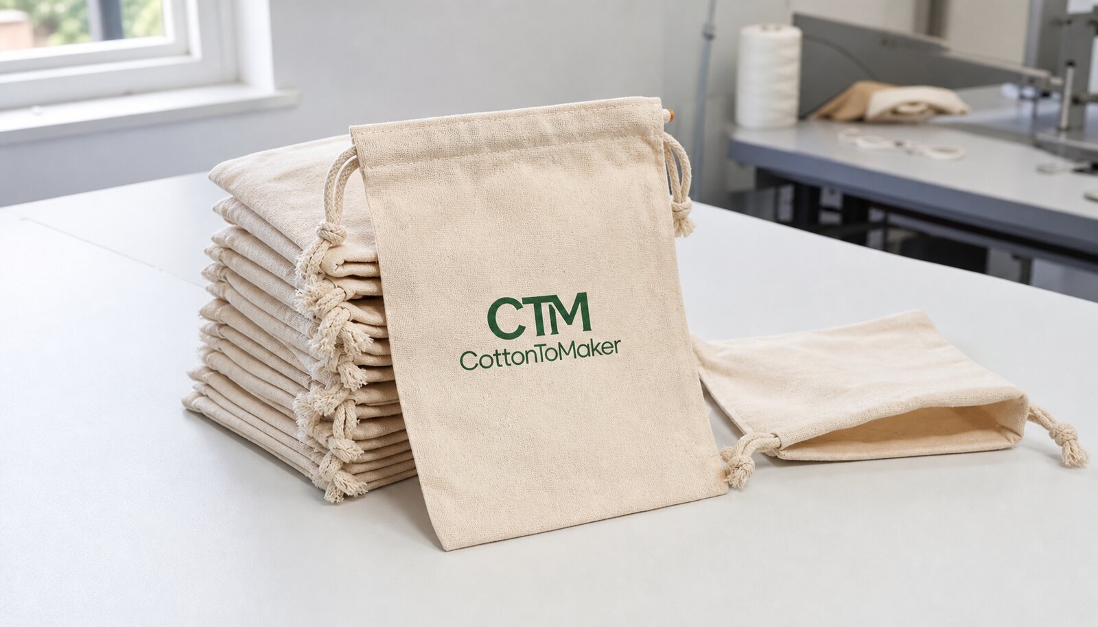 Small natural cotton drawstring pouches with a CTM CottonToMaker sample logo printed on one pouch in a clean factory sample room.