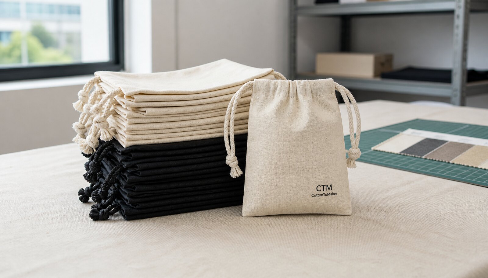 Small cotton drawstring pouches with a simple CTM CottonToMaker logo printed on the front in a clean factory sample room