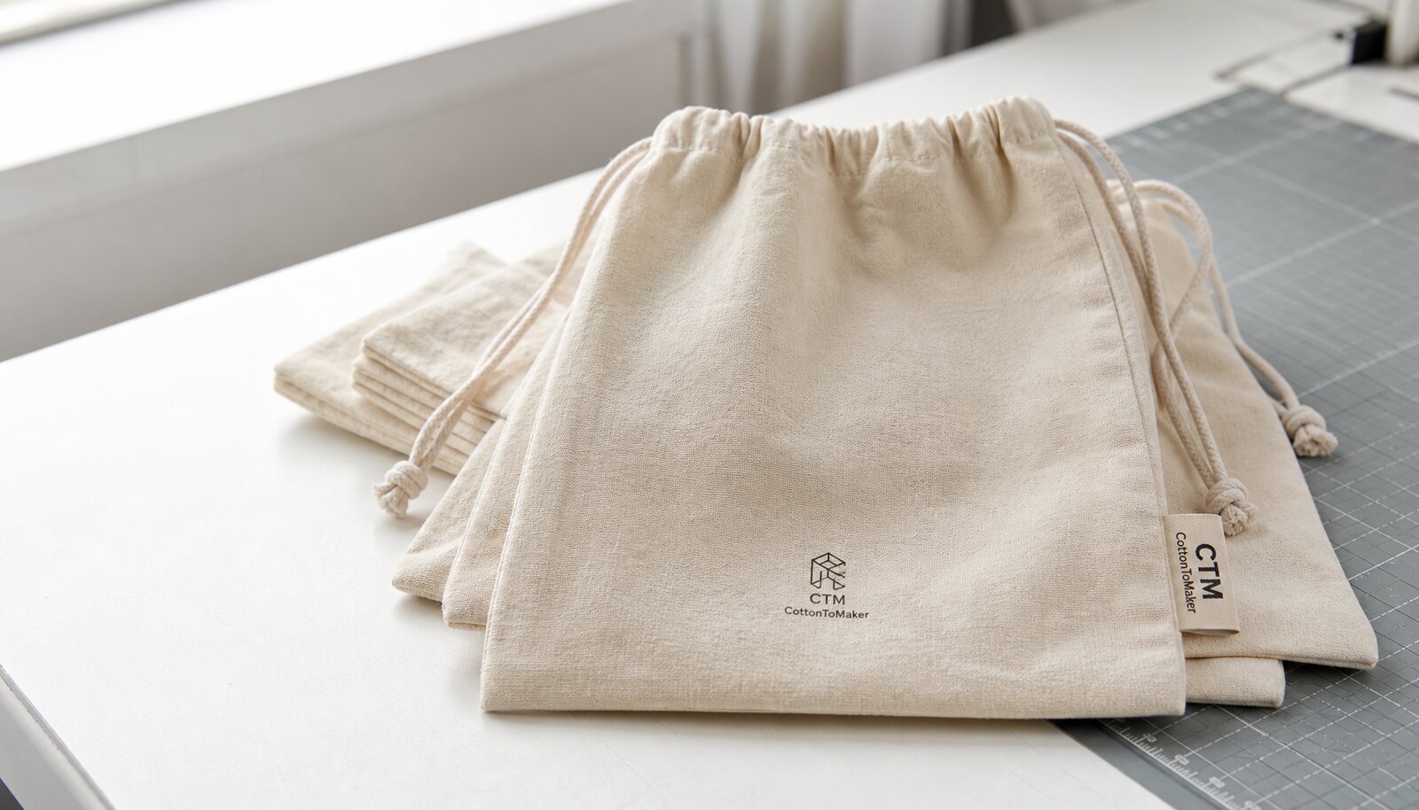 Small cotton drawstring pouches for hotels with a sewn CTM CottonToMaker label in a factory sample room