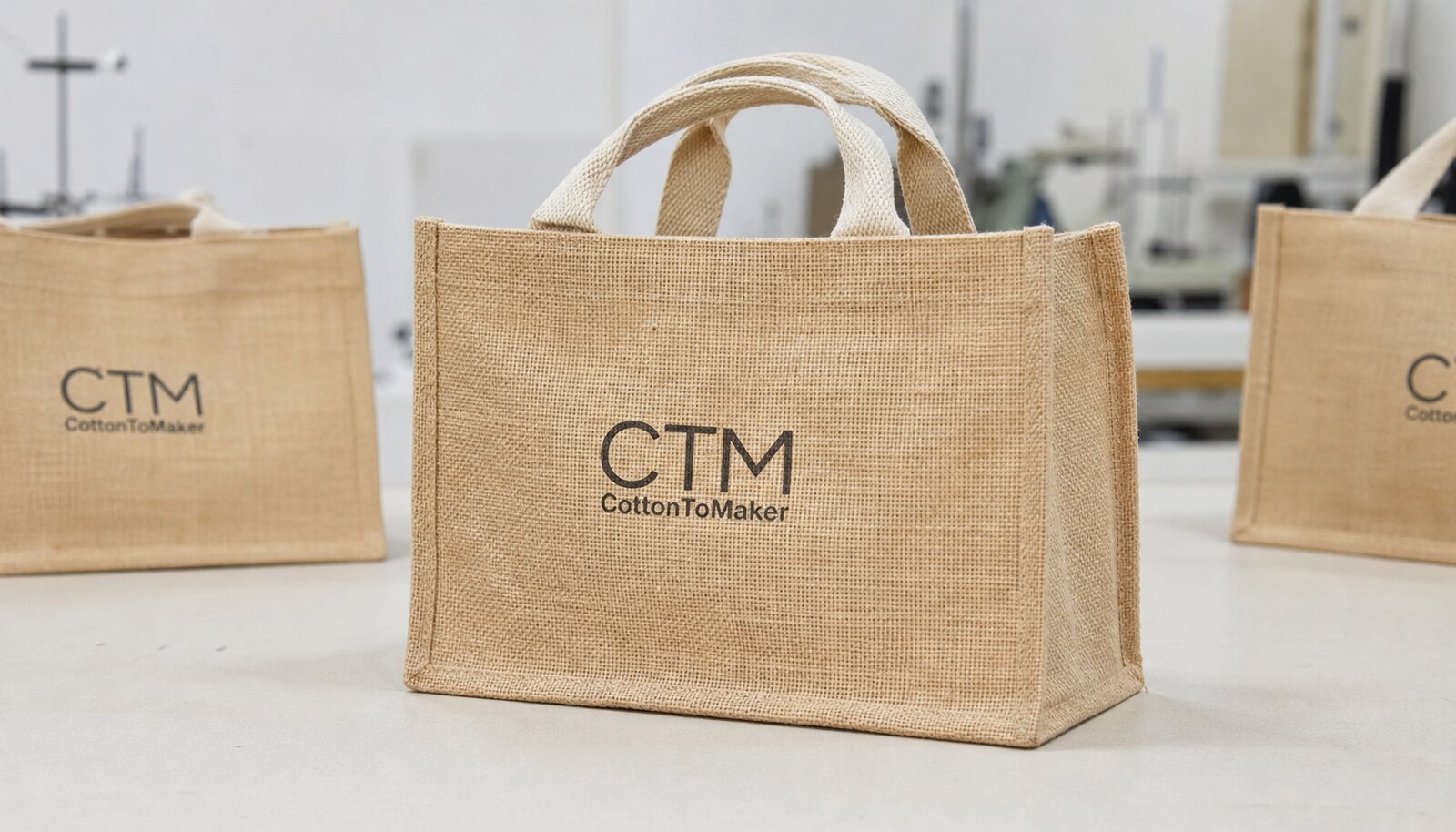 Small personalised jute bag with a CTM CottonToMaker sample logo printed on the front in a factory sample room