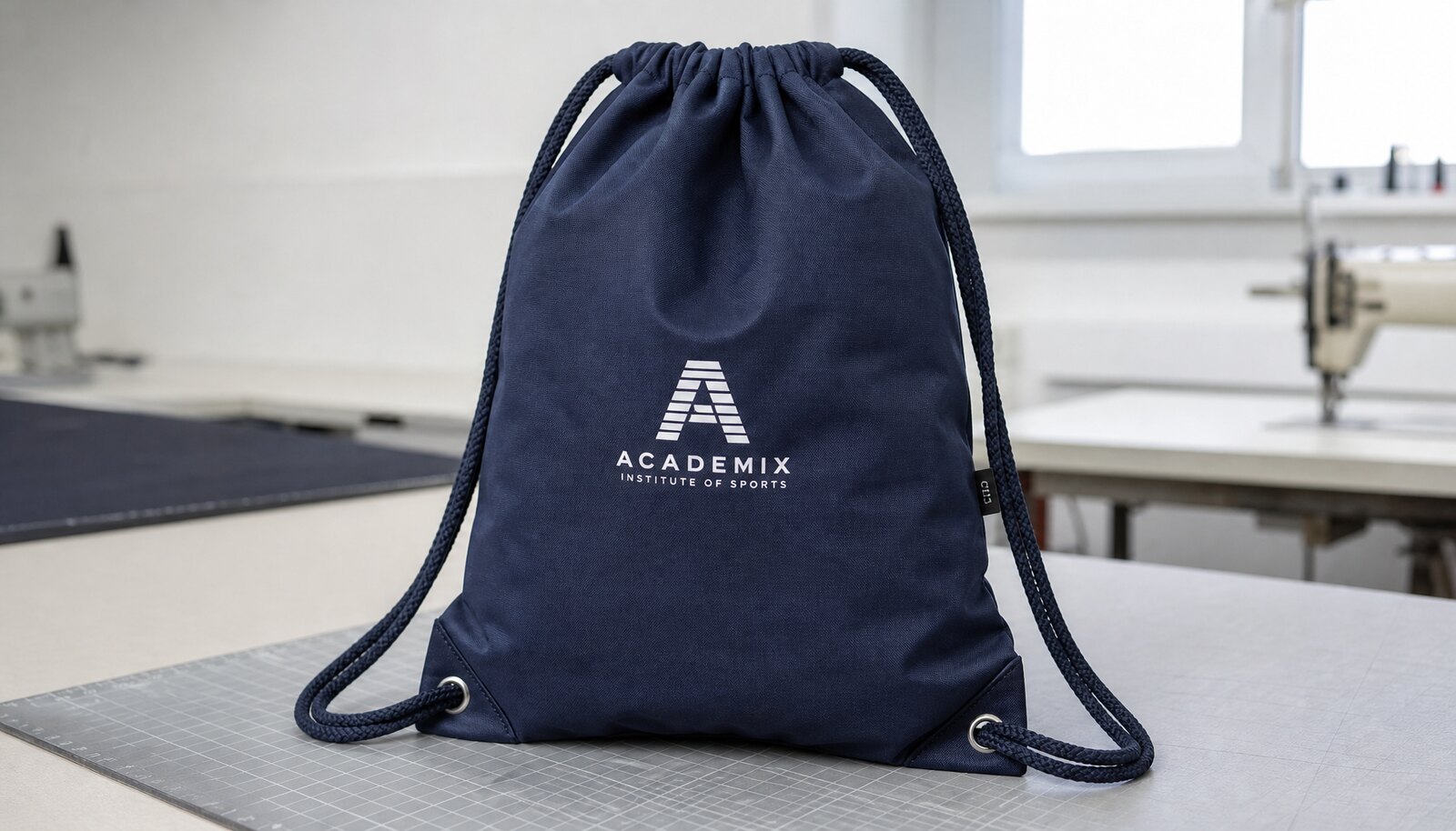 Navy sports drawstring backpack with a CTM CottonToMaker woven side label in a factory sample room