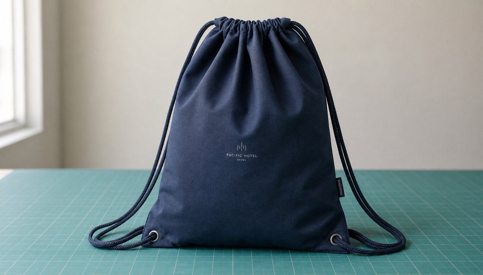 Navy sports drawstring backpack with a sewn CTM CottonToMaker side label in a clean factory sample room