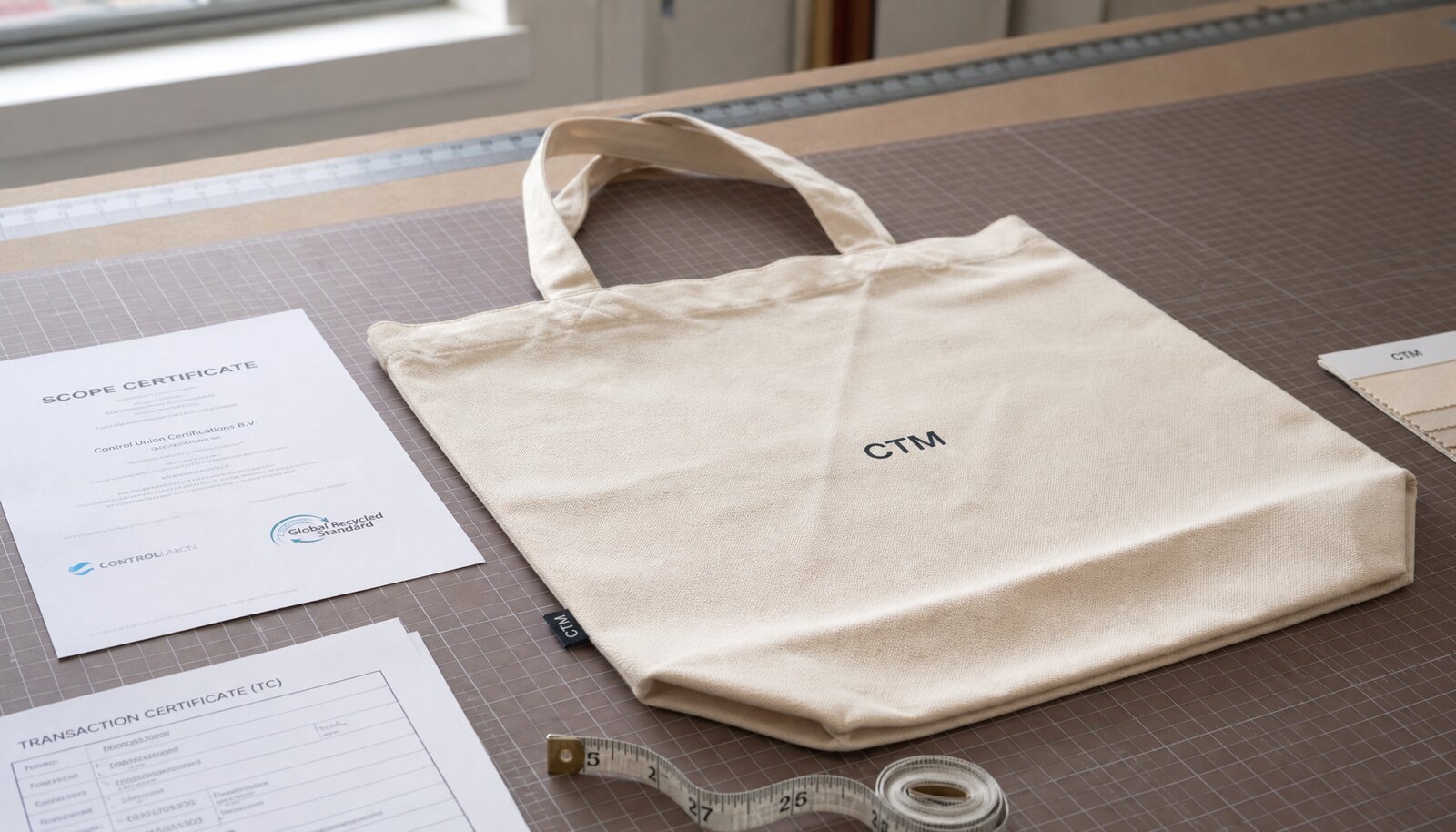 Natural certified cotton shopping bag sample with certification paperwork in a factory sample room.