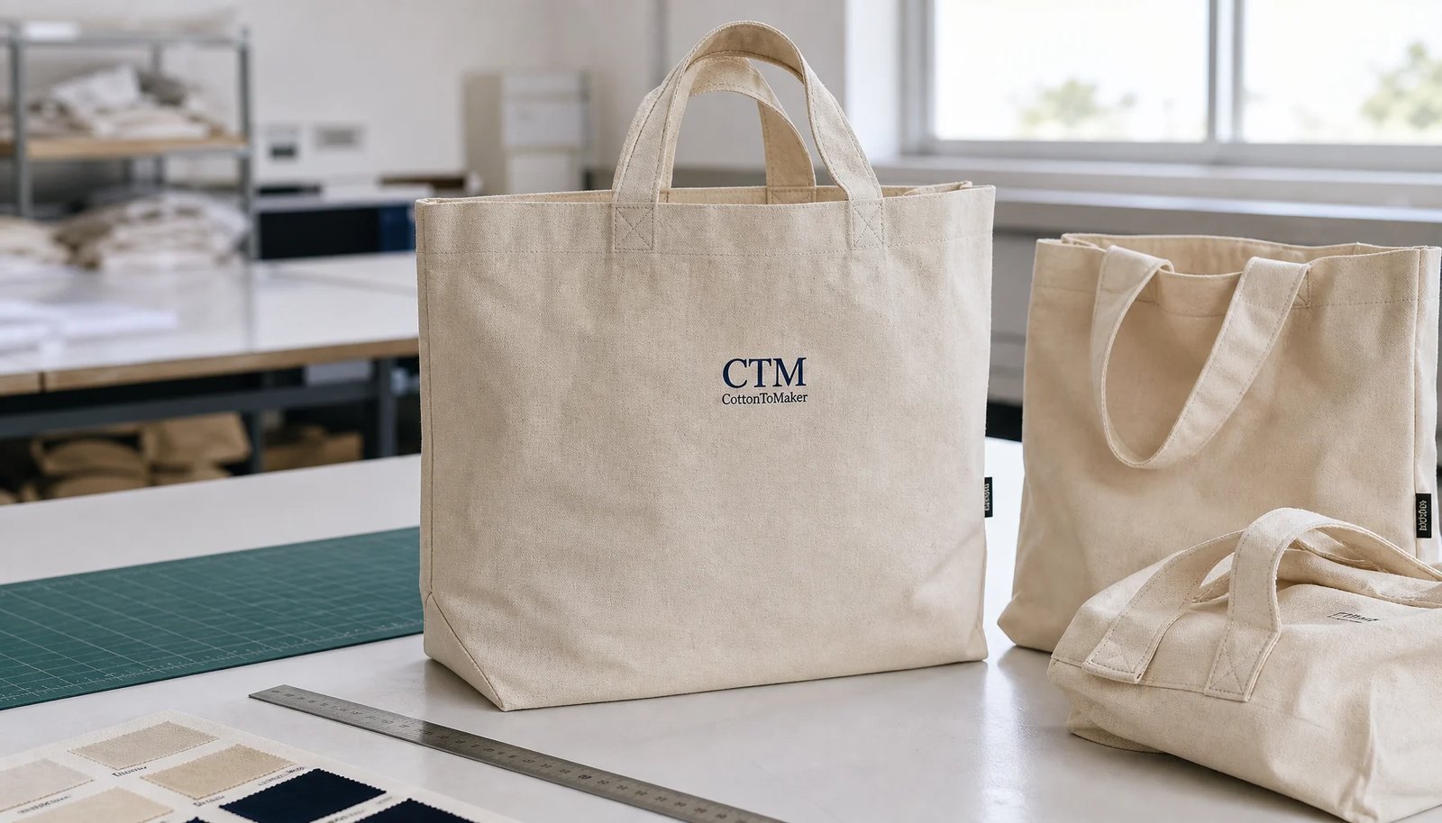 Natural canvas grocery tote sample with CTM CottonToMaker logo in a factory sample room
