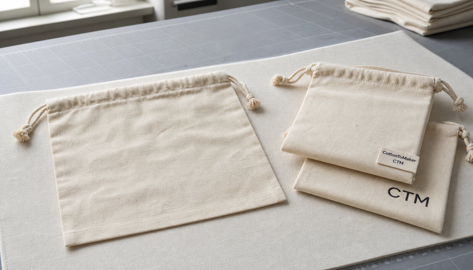 Cotton drawstring pouches with a simple CTM sample logo in a factory sample room