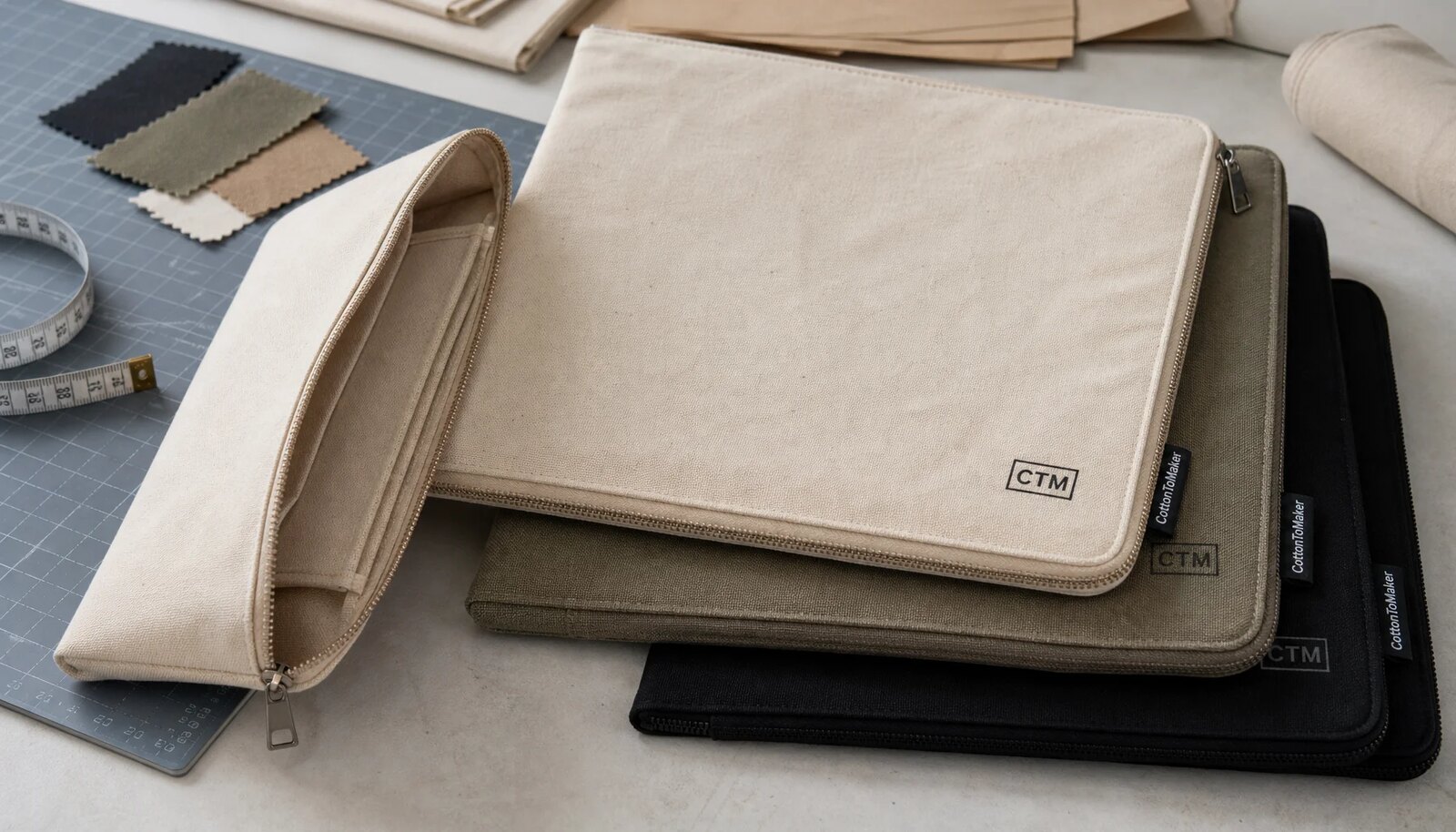 Natural canvas zipper portfolios with CTM logo and woven CottonToMaker side label on a clean sample table