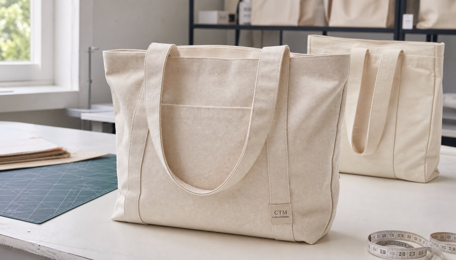 Natural canvas teacher tote bag with a small CTM sample logo in a factory sample room