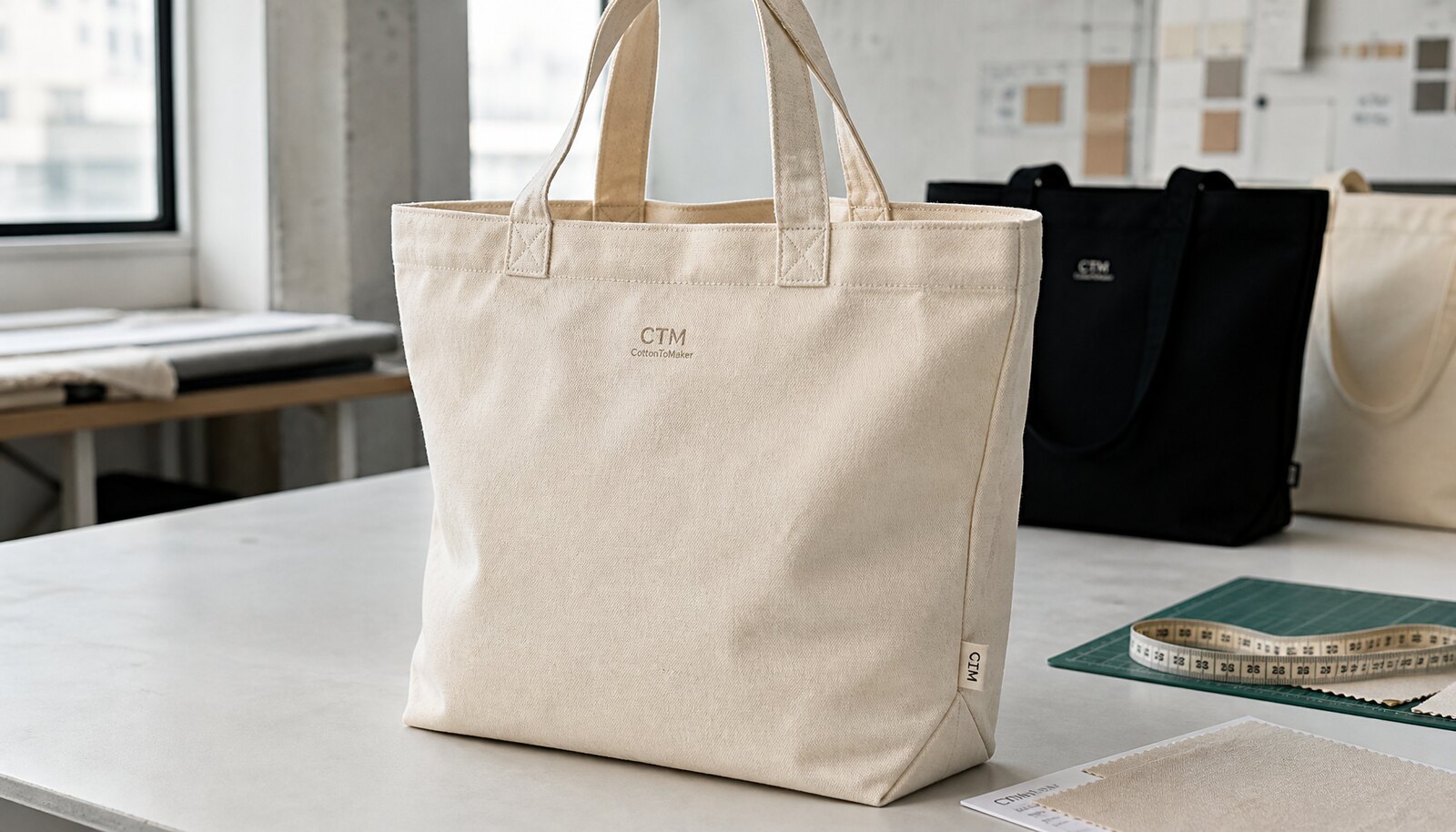 Natural canvas tote bag with a small CTM CottonToMaker logo printed on the front in a factory sample room