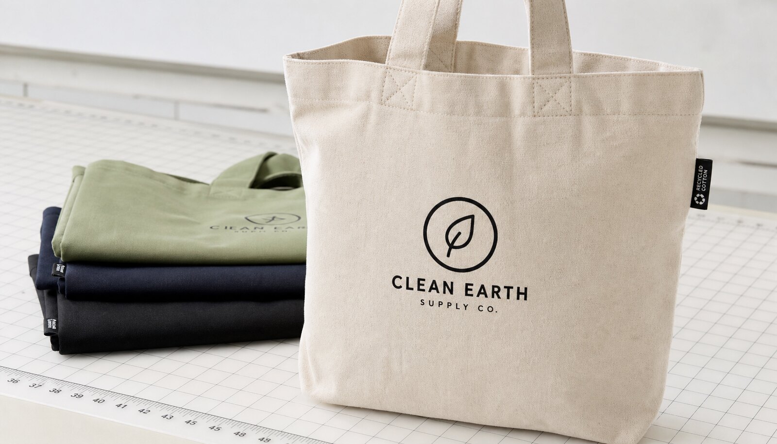 Stack of recycled canvas totes in a factory sample room with a visible CTM/CottonToMaker side label