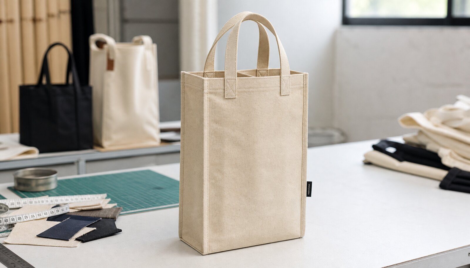 Photorealistic sample-room photo of a two bottle wine bag with a CTM CottonToMaker logo label