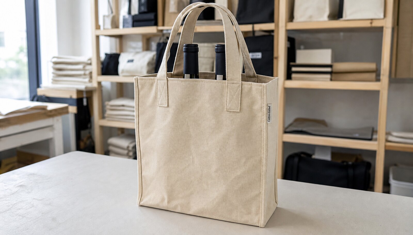 Two bottle wine bag with CTM woven side label in a clean sample room