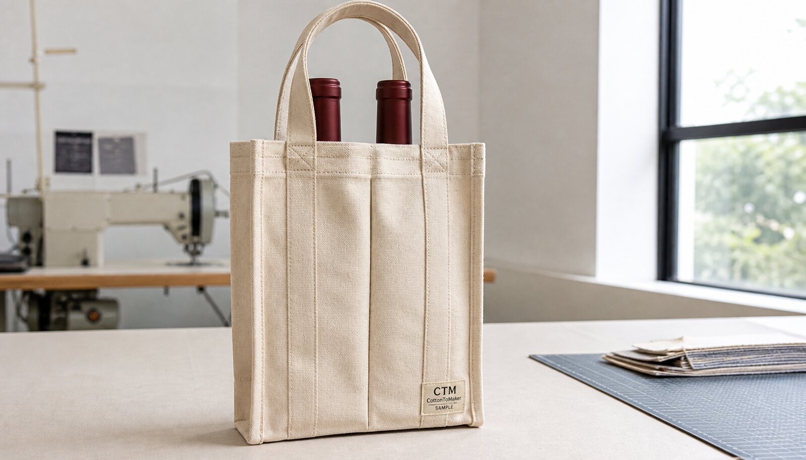 Two bottle cotton canvas wine bag with a stitched CTM sample label in a factory sample room