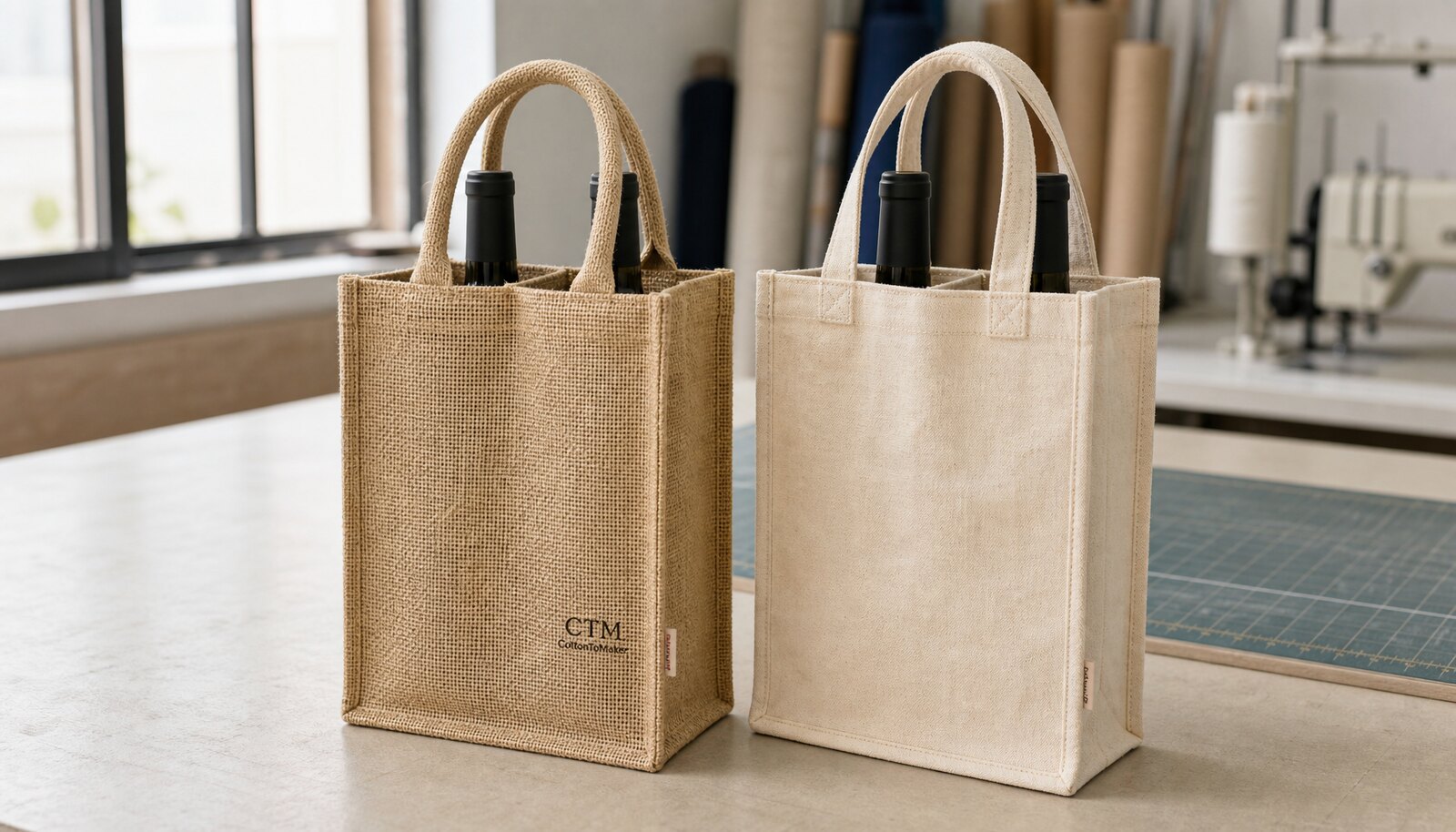 Two bottle wine bags for retail with CTM sample logo in a factory sample room