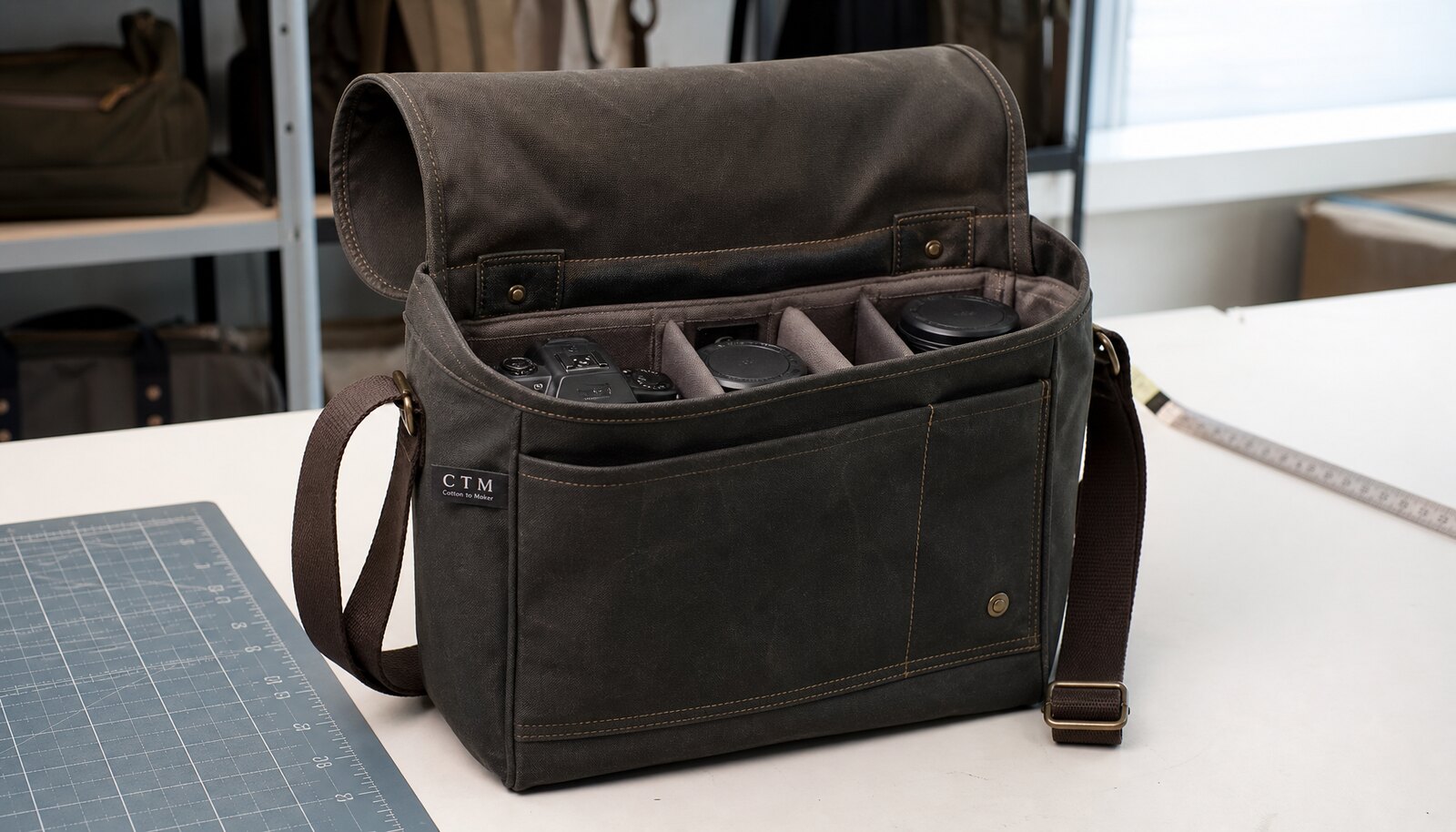 Waxed canvas camera messenger bag with a visible CTM sample label in a clean factory studio.