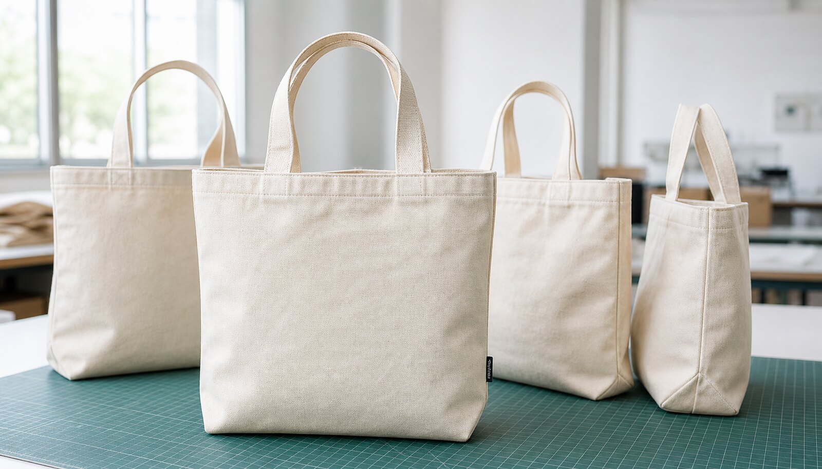 Photorealistic canvas tote bags in a factory sample room with a small CTM side label.