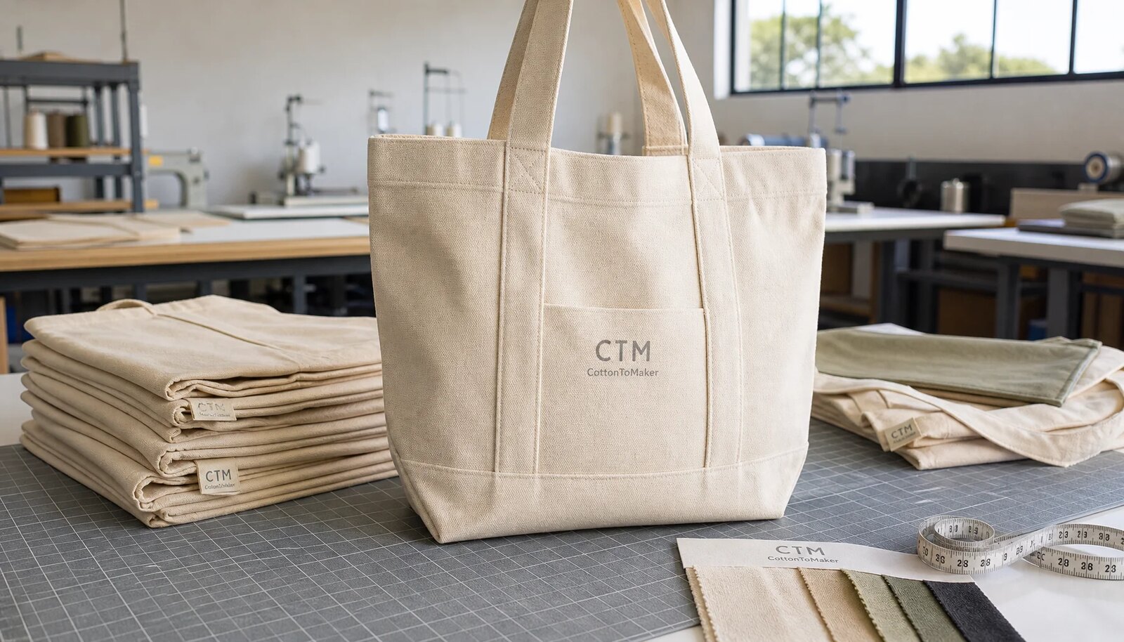 Custom organic cotton tote bags with reinforced handles and a sample logo in a factory sample room