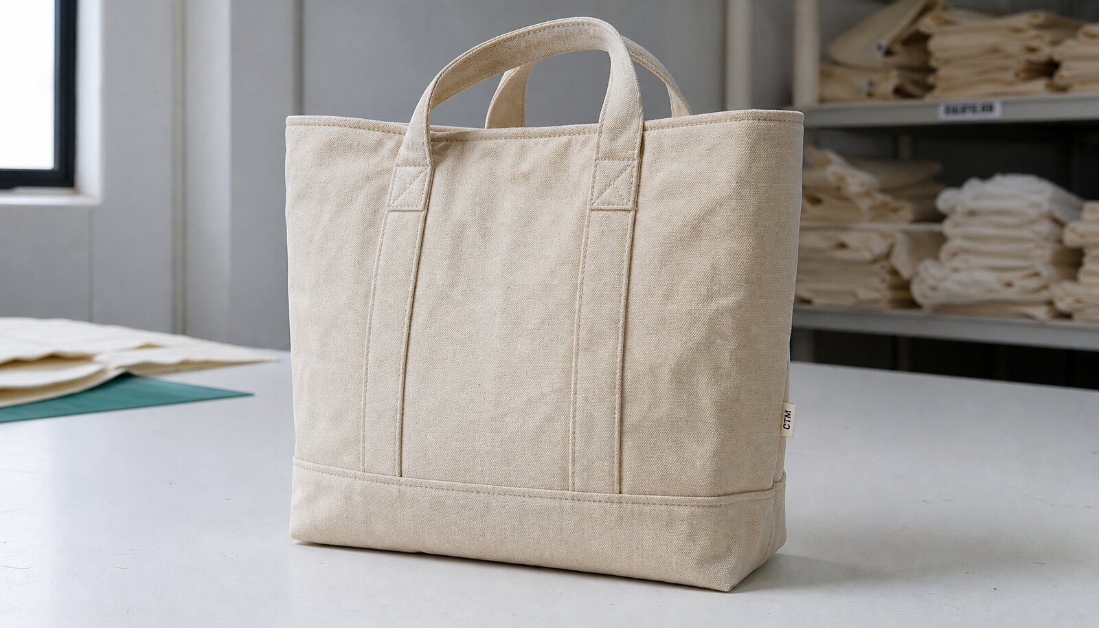 Natural canvas tote bag in a factory sample room with a small CTM CottonToMaker side label