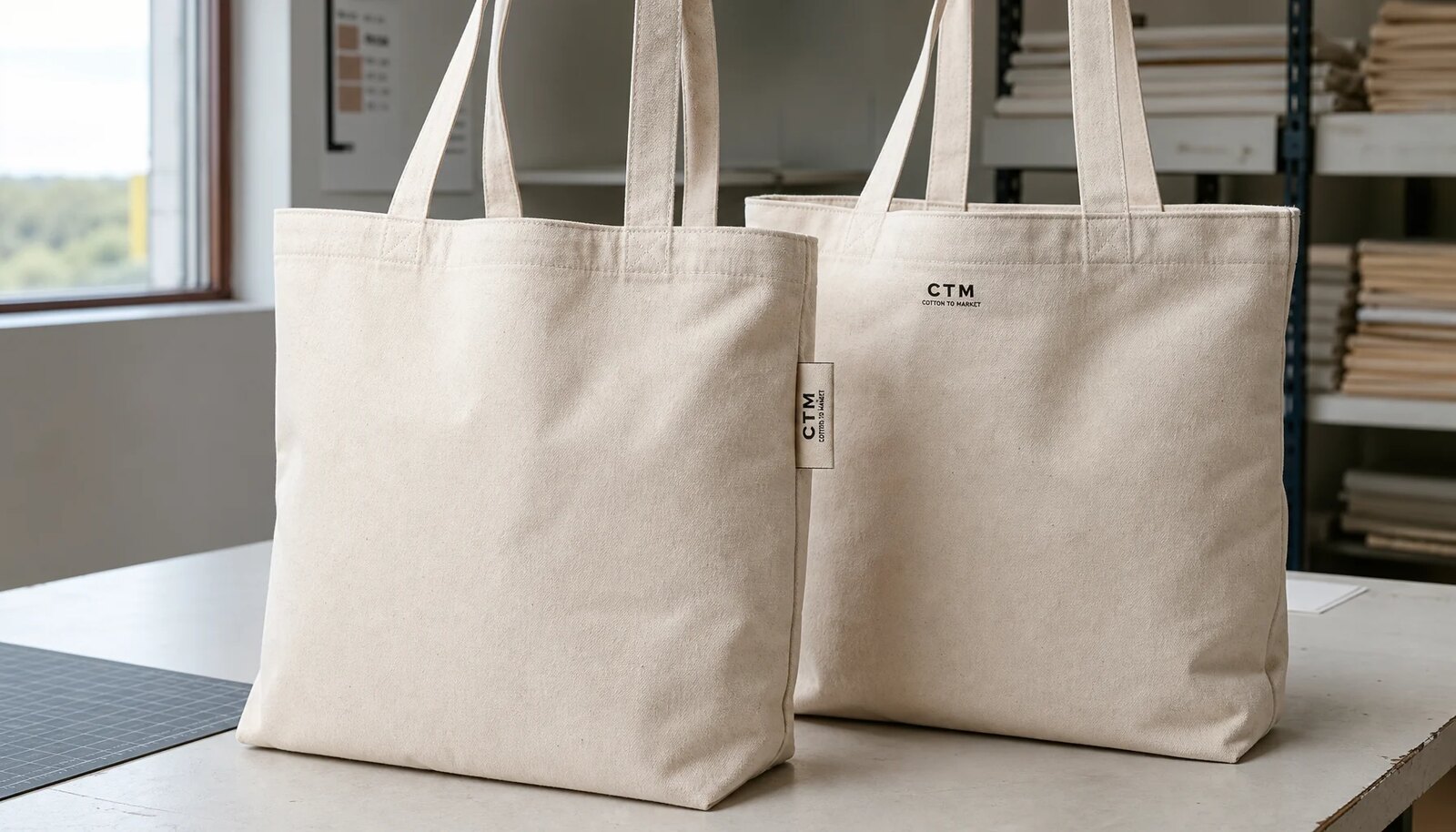 Natural canvas grocery totes in a factory sample room with a small CottonToMaker label and visible stitching
