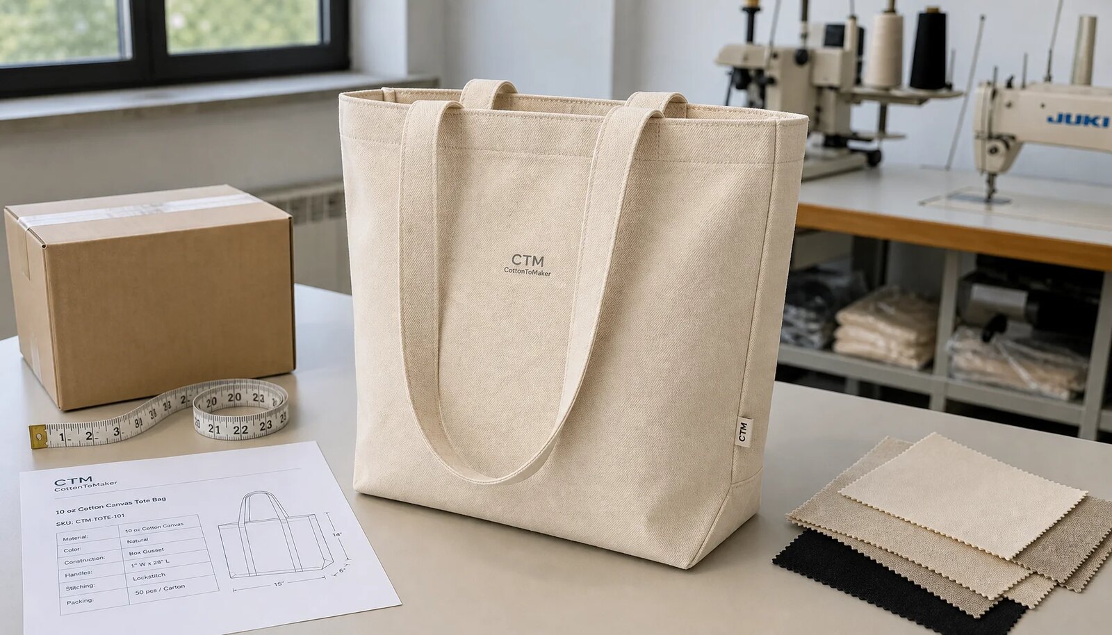 Natural canvas grocery tote with a simple CTM sample logo in a factory sample room