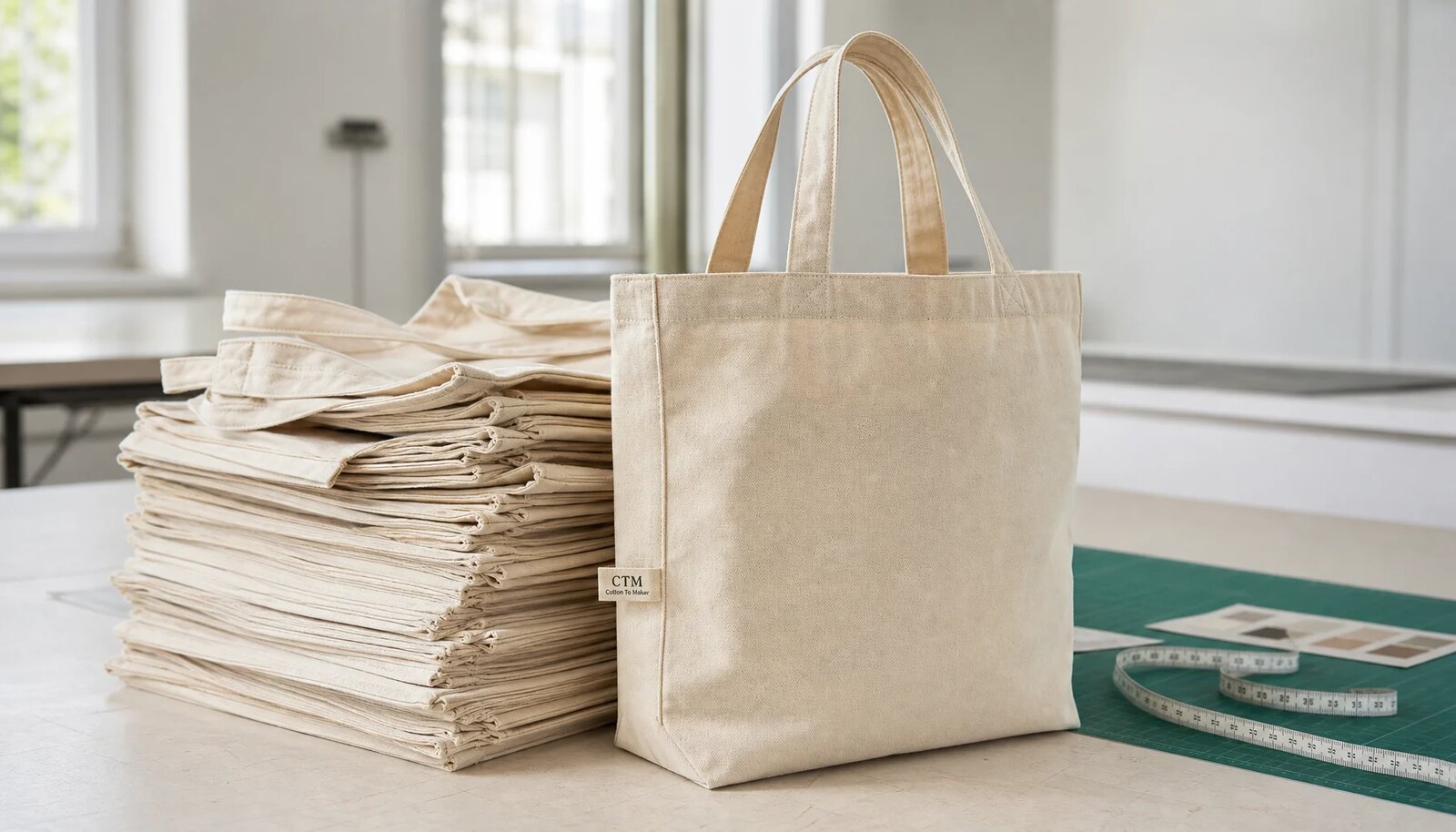 Canvas grocery tote with a sewn CTM CottonToMaker side label shown in a clean factory sample room