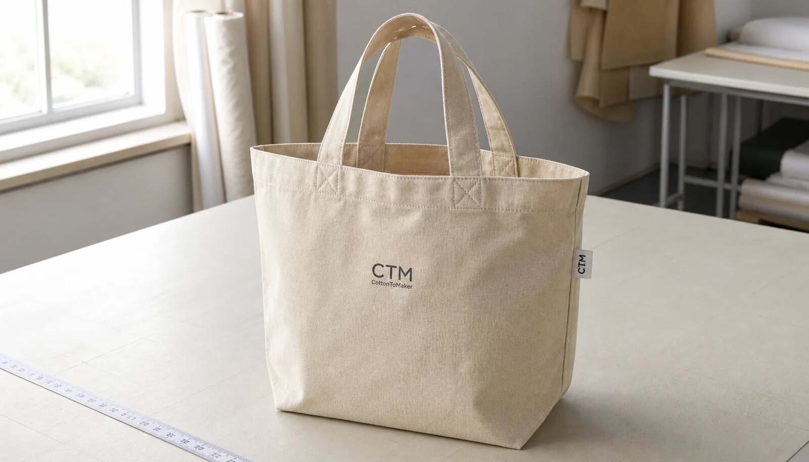 Photorealistic canvas grocery tote in a factory sample room with a visible CTM/CottonToMaker logo printed on the bag.