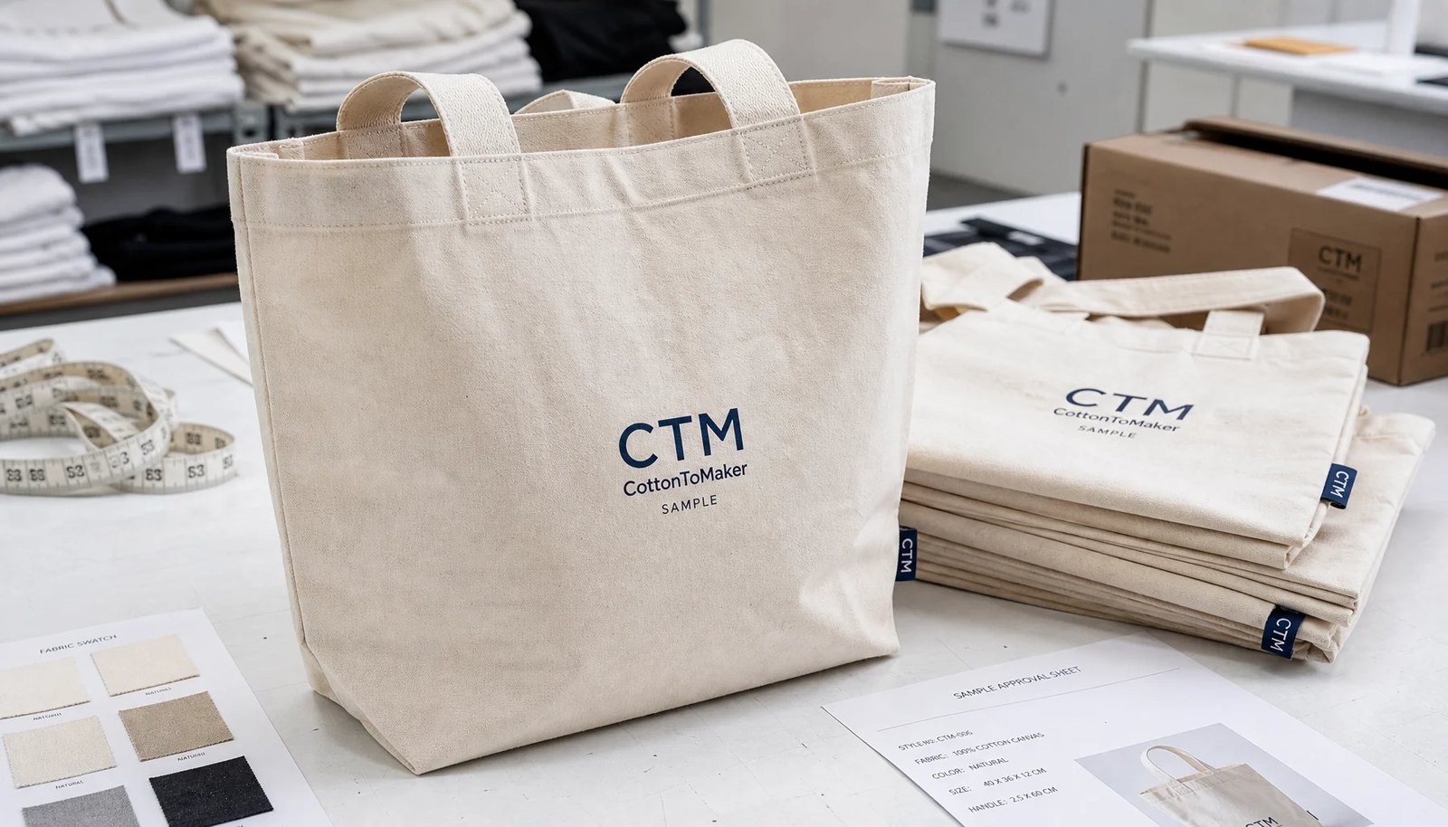 Natural canvas grocery tote samples with reinforced handles and bookstore logo print