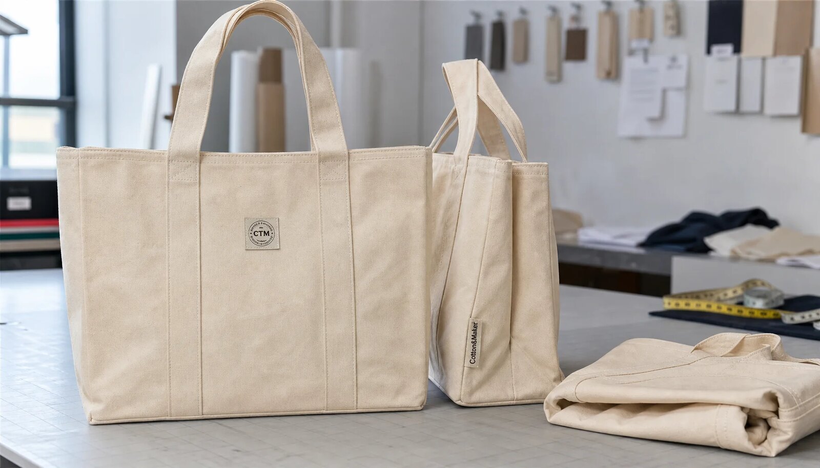 Natural canvas grocery tote samples with CTM logo and CottonToMaker side label in a factory sample room