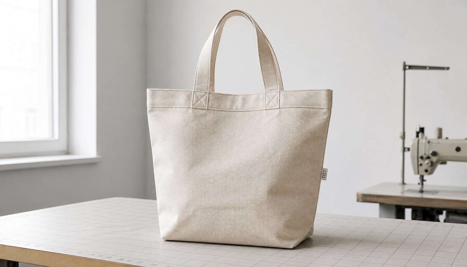 Canvas grocery tote with a small CTM/CottonToMaker woven side label in a factory sample room
