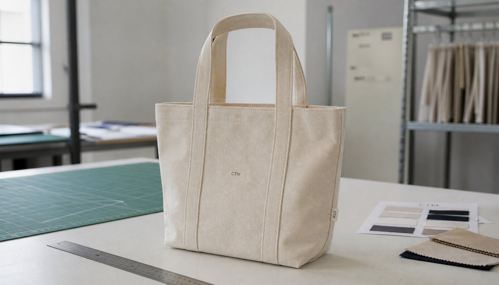 Natural canvas grocery tote with a small CottonToMaker sample logo shown in a clean factory sample room