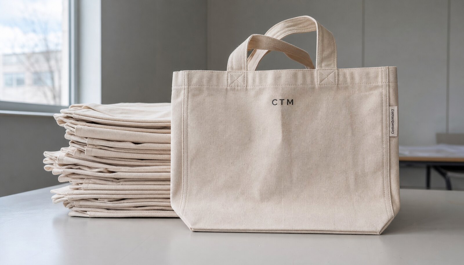 Natural canvas grocery tote with a small CTM logo printed on the front in a factory sample room