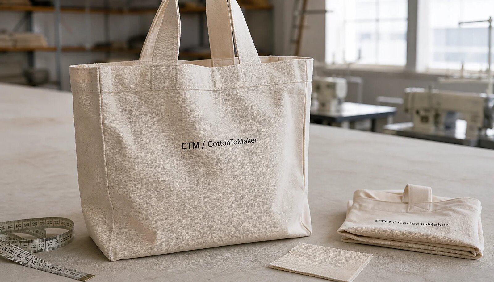 Natural canvas grocery tote sample with CTM logo and reinforced handles in a factory sample room