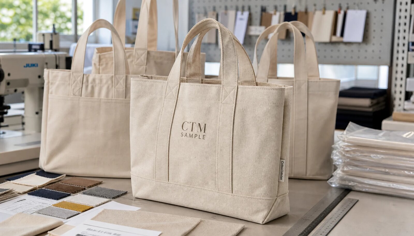 Natural canvas grocery tote samples with CTM logo, reinforced handles, and factory sample room materials