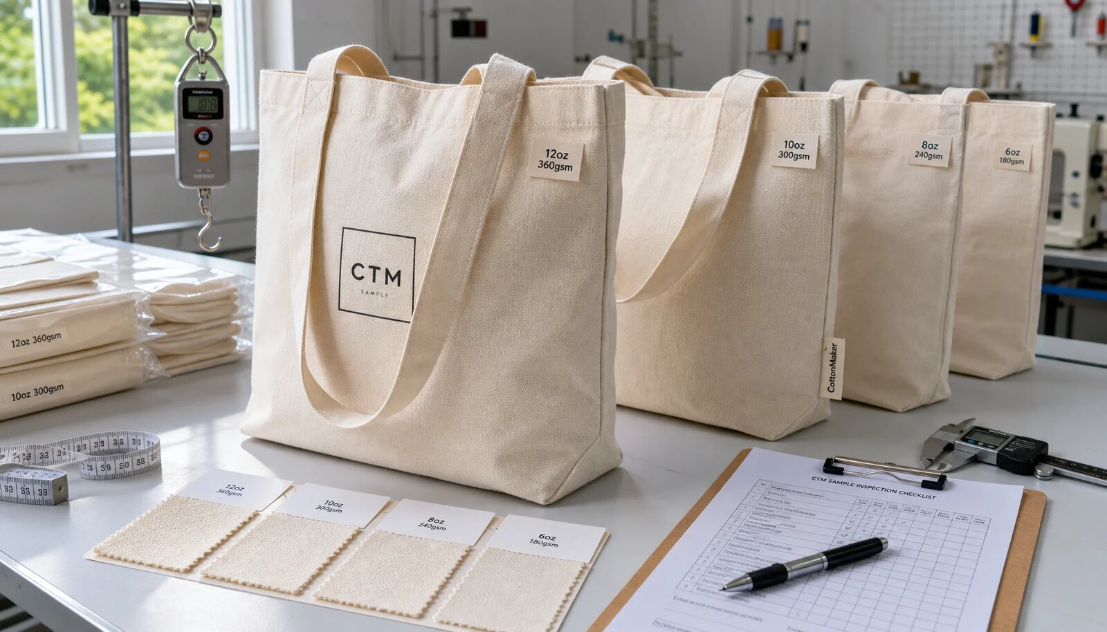 Canvas grocery tote samples with fabric swatches and inspection tools for B2B fabric weight review