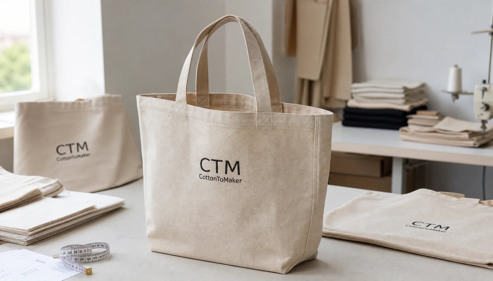 Natural canvas grocery tote samples with CTM CottonToMaker logo in a factory sample room