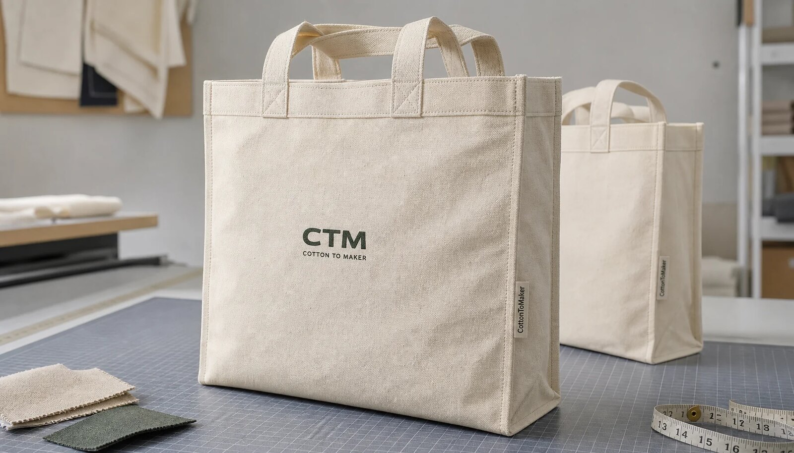 Natural canvas grocery tote samples with CTM logo in factory sample room