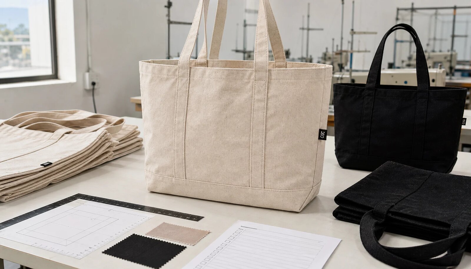 Canvas grocery totes on a factory inspection table with swatches and QC checklist